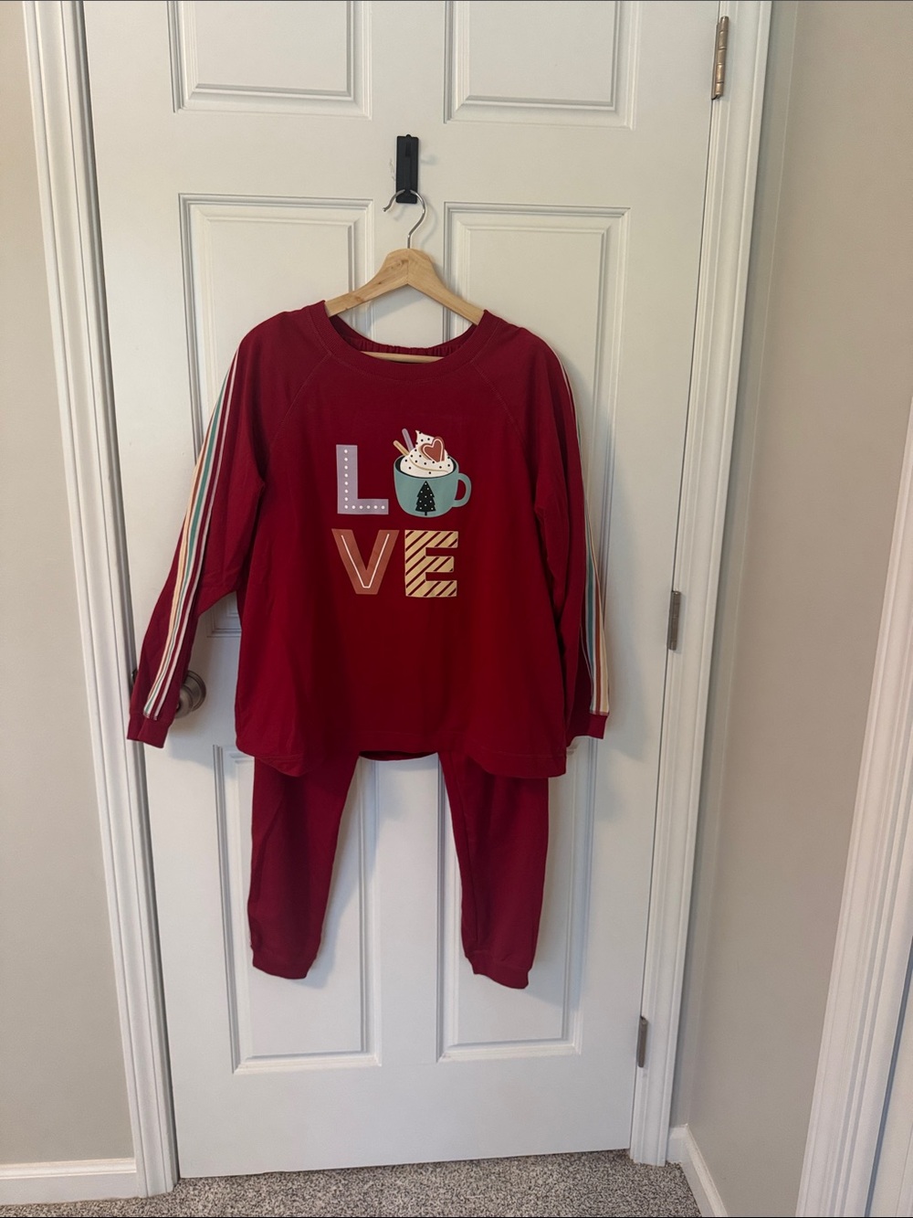 Women’s Red Holiday 'LOVE' Pajama Set with Stripe Sleeve Detail